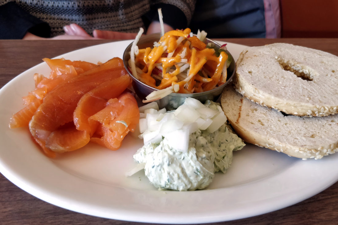 Bagel and lox plate at Harmony Lunch featuring smoked salmon from T & J Seafood.